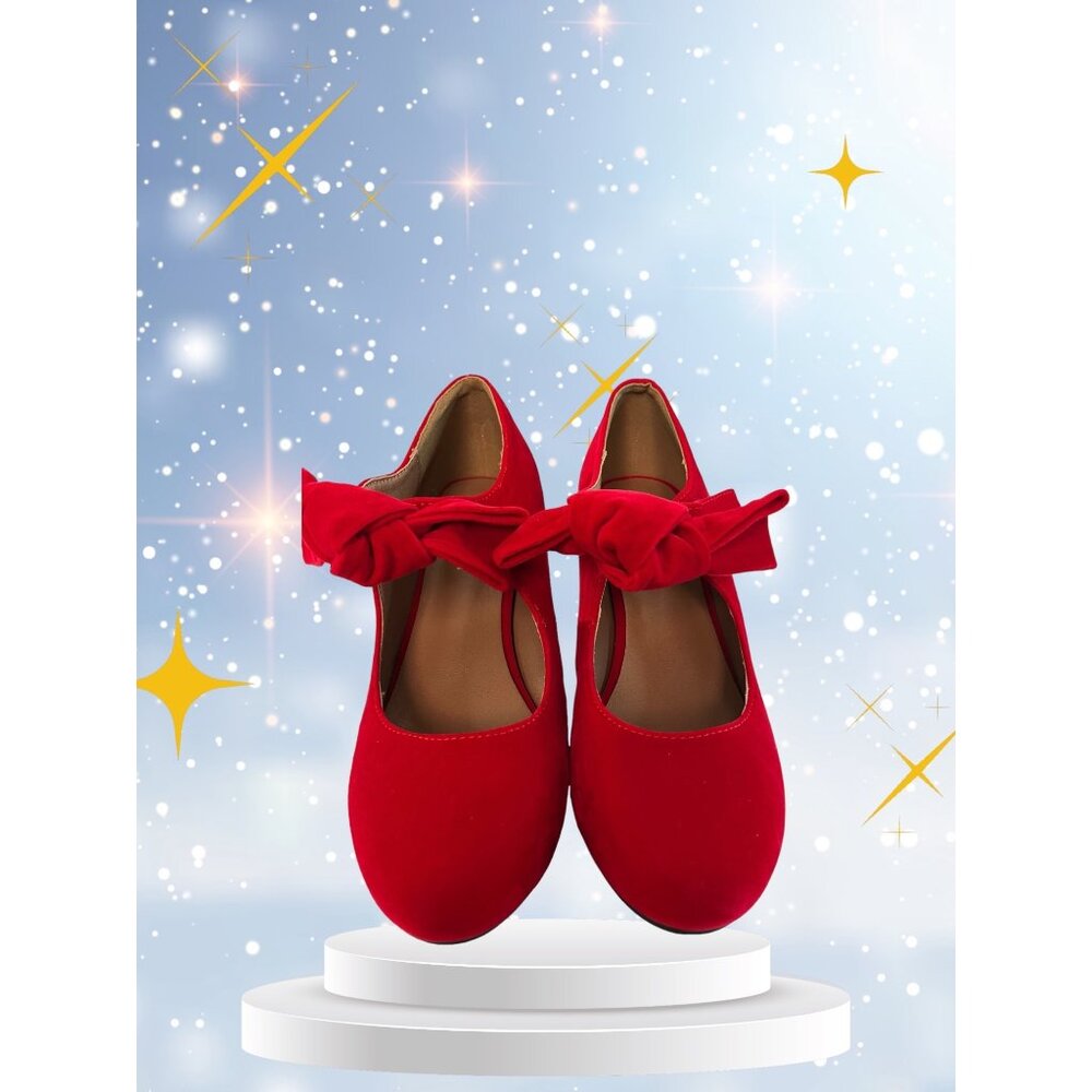 Liuruijia women's bow mary jane kitten heel pumps round tow red velvet
